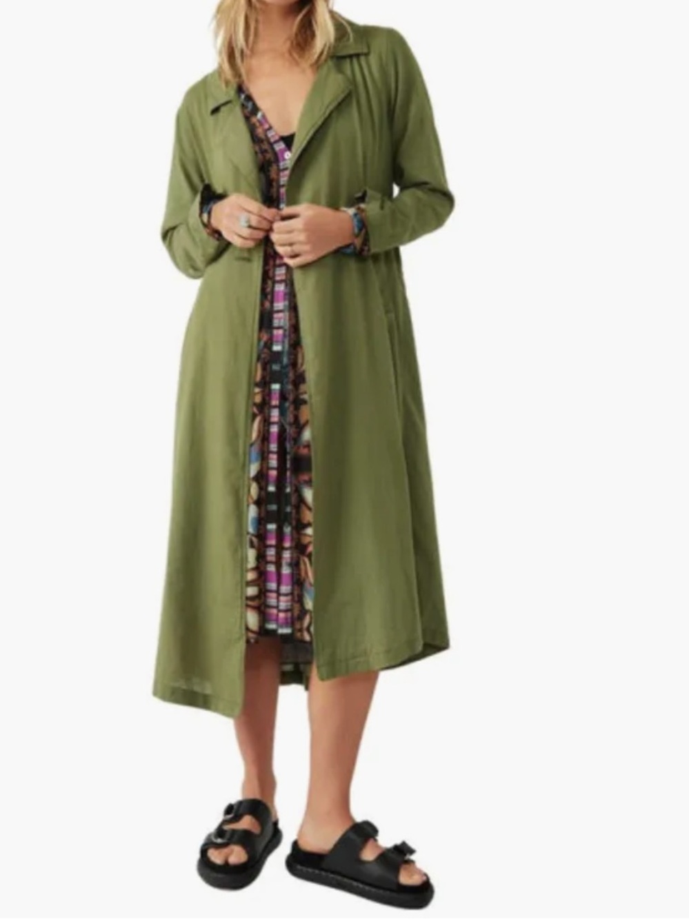 Free People Rae Back Belt Cotton & Linen Duster Jacket in Washed Olive